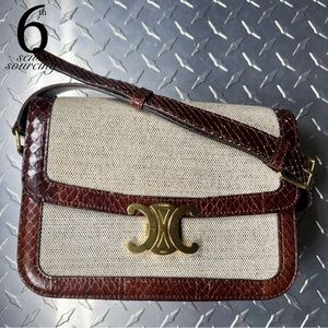 Celine Triomphe Canvas/Snakeskin Logo Bag in Beige